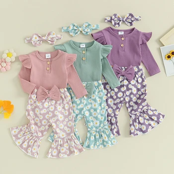 Весенние комплекты одежды из 3 предметов для маленьких девочек, комбинезон с длинными рукавами в рубчик, эластичные расклешенные брюки с цветочным принтом, комплекты повседневной одежды с повязкой на голову