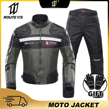 Ветрозащитная мужская мотоциклетная куртка и брюки DUHAN с утепленной подкладкой, бронежилет, куртка для мотокросса, Комплект мотоодежды Four Seasons