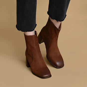 Винтажная обувь из воловьей кожи с квадратным носком, демисезонные ботильоны Botas, Зимние ботинки на квадратном каблуке 6,5 см, Кожаная обувь в стиле ретро, Женская обувь