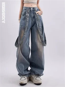 Винтажные синие джинсы, женские Y2K, корейская мода, Ретро, широкие комбинезоны, Негабаритная уличная одежда в стиле харадзюку, хиппи, джинсовые брюки на бретелях, Новые