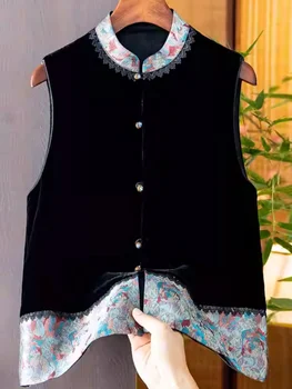 Винтажный женский жилет в стиле пэчворк контрастного цвета, модный воротник-стойка, универсальный принт, однобортные топы для офисных леди