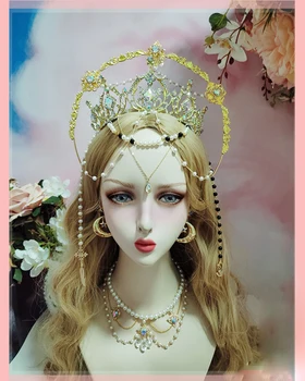 Винтажный костюм богини Лолиты в стиле барокко, головные уборы ручной работы, Жемчужная кисточка, Корона для волос королевы, ожерелье с ореолом, повязка на голову, косплей