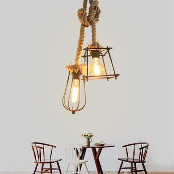Винтажный подвесной светильник из пеньковой веревки в стиле лампы Эдисона в железной проволочной клетке Подвесной светильник для гостиной, кухни, домашнего освещения, декора
