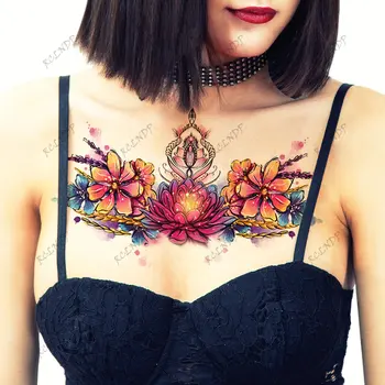 Водонепроницаемая временная татуировка-наклейка с цветами Лотоса Красивого цвета, Красивая татуировка на груди, ногах, спине, поддельная татуировка для женщин и мужчин