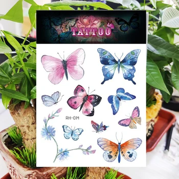 Временные наклейки с татуировками, цветы, Розовая Голубая бабочка, Водонепроницаемая наклейка с татуировкой, боди-арт, Роспись рук, ног, поддельные татуировки для ребенка