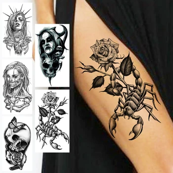 Временные татуировки в виде черного Скорпиона для женщин и мужчин, реалистичный скелет вампира, цветок, поддельная татуировка, наклейка, сексуальные татуировки на ногах и руках, Красота