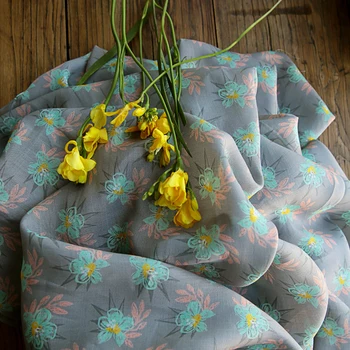 Высококачественная натуральная ткань pure ramie с цветочным принтом серого цвета Новые летние платья и халаты в стиле пэчворк