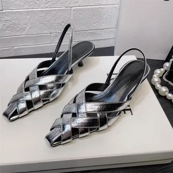 Высококачественные Модные женские туфли с острым носком и Перекрестными ремешками, Плетеные женские туфли на шпильке В стиле Ретро, Пустые туфли на низком каблуке с открытой спиной