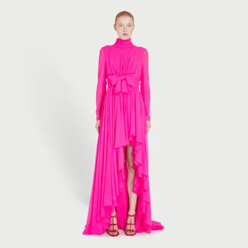 Высококлассные Ярко-розовые Асимметричные драпированные платья С бантом, скромный Высокий воротник, длинные рукава, женские макси-платья для вечеринок
