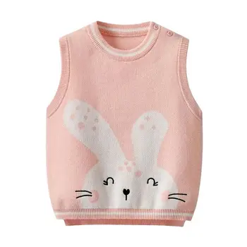 Вязаный свитер для маленьких девочек, жилет для девочек, милые розовые жилеты с круглым вырезом и кроликом, пальто подходит на 1-10 лет