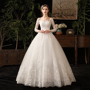 Главное свадебное платье невесты, новое белое, минималистичное, большого размера, приталенное, модное, кружевное, с длинными рукавами, легкое