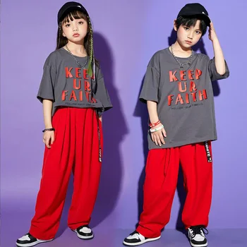 Детская одежда для выступлений, одежда в стиле хип-хоп, футболка оверсайз, красные мешковатые брюки для девочек и мальчиков, танцевальный костюм в стиле джаз-поп, одежда