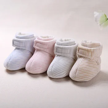 Детская хлопчатобумажная обувь осенью и зимой 0-1 лет, обувь на мягкой подошве из толстого хрустального бархата в полоску для новорожденных на мягкой подошве