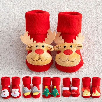 Детские рождественские носки для новорожденных с мультяшной куклой, короткие носки для младенцев, детские носки для девочек и мальчиков, нескользящие утепленные хлопчатобумажные носки