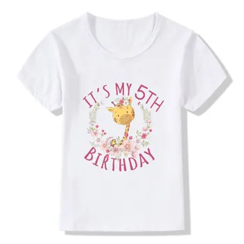 Детский жираф с цветочным номером 3 4 5 6 7, футболка с мультяшным рисунком для мальчиков и девочек, забавная футболка с подарком на день рождения