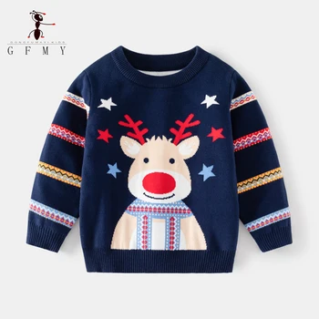 Детский Рождественский пуловер с оленем, свитер 2023, Осенний Новый вязаный свитер с рукавами в красочную полоску для мальчиков, детские топы в английском стиле