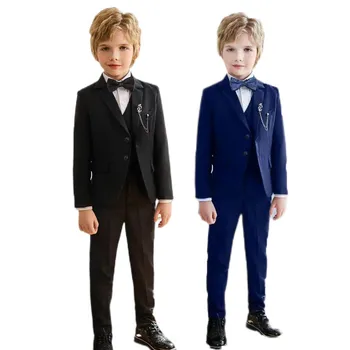 Детский черно-синий костюм на свадьбу для мальчиков и девочек, ведущий фортепианной церемонии, смокинг, костюм для фотосессии на выпускном вечере для детей-подростков