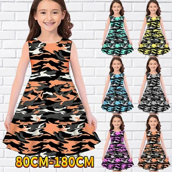 Детское платье без рукавов для маленьких девочек, платье для девочек с 3D камуфляжным принтом, повседневное милое платье выше колена без рукавов 80-180 см