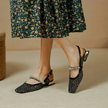 Дизайн женской одежды Phoentin, расшитая блестками ткань, сандалии с квадратным носком, туфли-лодочки на низком каблуке со стразами и пряжкой, вечерние туфли-лодочки FT2425
