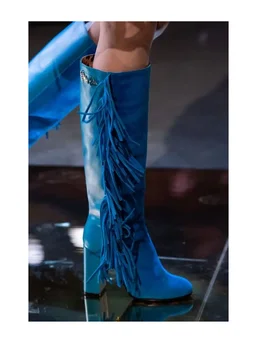 Дизайнерские сапоги до колена с бахромой на высоком массивном каблуке, замша, кожа, круглый носок, молния, сексуальные сапоги с кисточками, коллекция 2024 года, женская обувь Осень