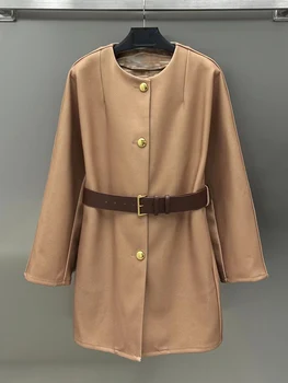 Дизайнерское винтажное однотонное шерстяное пальто с круглым вырезом и ремешком на шее для женщин, новая осенне-зимняя модная универсальная свободная куртка, пальто