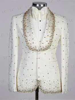Жаккардовый Блейзер на одной пуговице, жилет, расшитый бисером, Бриллианты, жемчуг, свадебный костюм для жениха, Приталенный костюм для выпускного вечера Плюс Размер Homme