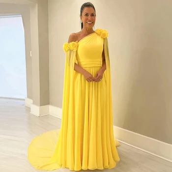 Желтые вечерние платья на одно плечо с 3D цветами, шифоновые Длинные платья для выпускного вечера, женское вечернее платье для гостей на свадьбу 2024