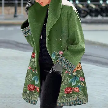 Женская верхняя одежда с элегантным цветочным принтом, женское зимнее пальто большого размера, плотное теплое, свободного кроя, с отложным воротником средней длины