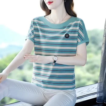 Женская летняя свободная хлопковая футболка Moeroshe, новый модный топ в полоску с коротким рукавом для мам среднего возраста, уменьшающий возраст