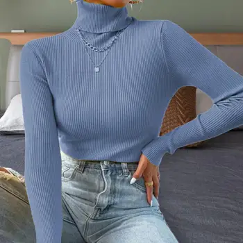 Женская нижняя рубашка, плотная водолазка с длинными рукавами, зимний свитер в рубчик, однотонный теплый пуловер, свитер