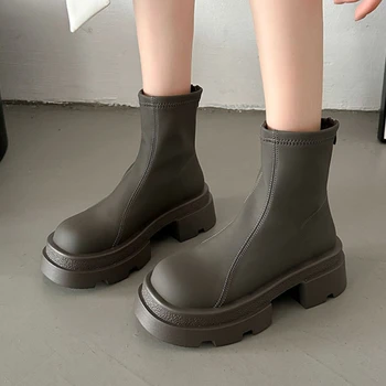 Женская обувь 2023 г., высококачественные зимние женские ботинки до середины икры, однотонные, с круглым носком и на среднем каблуке, водонепроницаемые женские ботинки на молнии