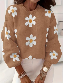 Женская одежда больших размеров, свитер с цветочным узором, повседневный свитер с круглым вырезом и длинным рукавом для осени и зимы