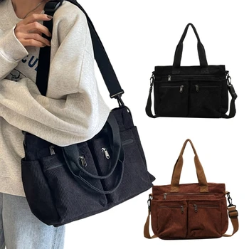Женская однотонная вельветовая сумка через плечо для студенток, большая вместительная сумка через плечо для путешествий, покупок, повседневная сумка с несколькими карманами
