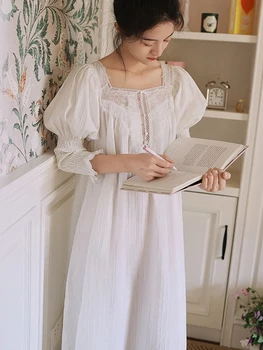 Женская пижама French Fairy из чистого хлопка, весенне-осенняя викторианская ночная рубашка, винтажные сетчатые ночные рубашки принцессы с длинным рукавом, пижамы