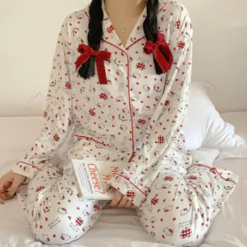 Женская пижама с рисунком Kawaii Hello Kitty Kuromi, весенне-осенняя модная домашняя одежда высокого класса Cinnamoroll, костюм с длинными рукавами