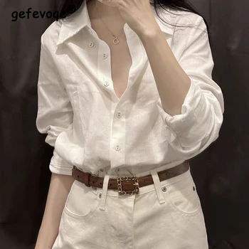 Женская простая повседневная хлопчатобумажная рубашка на пуговицах в корейском стиле с отложным воротником, белая блузка, свободные топы с длинным рукавом, Blusas Para Mujer