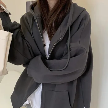 Женская толстовка с капюшоном, толстовки на молнии в стиле Harajuku, повседневная уличная одежда с длинным рукавом, куртки в корейском стиле, пальто, Новинка