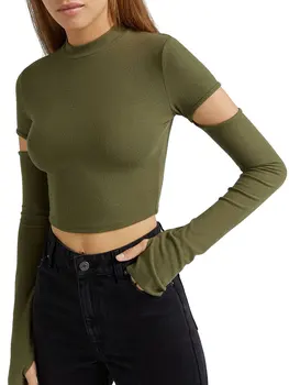 Женская футболка с длинным рукавом и круглым вырезом, Выдолбленные однотонные облегающие осенние топы, уличная одежда