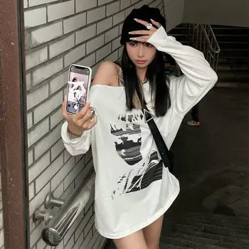 Женская футболка с открытыми плечами, свободный женский топ, сексуальные пуловеры, футболки с длинным рукавом, одежда без спинки из полиэстера Harajuku Xxl