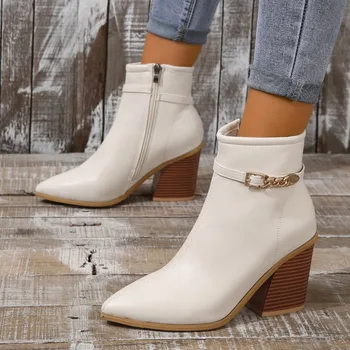 Женские ботинки 2023 Новые Белые короткие сапоги с острым носком Зимние Теплые туфли на платформе и высоком каблуке Большого размера Модная Женская обувь