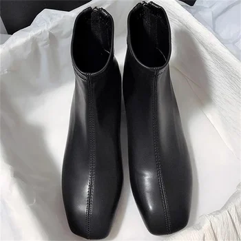 Женские ботинки из натуральной кожи с квадратным носком, женские ботинки на низком каблуке, молнии сзади, дизайнерские ботинки из цельного материала