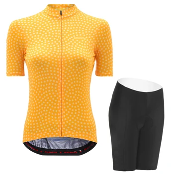 Женские желтые майки для велоспорта NWE с коротким рукавом и рисунком в горошек, Велосипедная одежда, комплекты велосипедной одежды, Гелевая прокладка