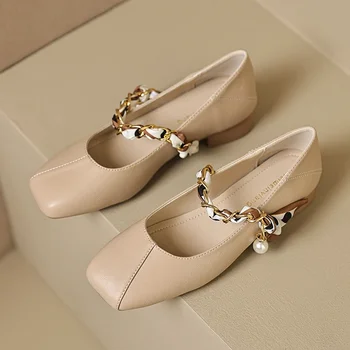 Женские летние туфли Mary Jane с квадратным носком, женские французские кожаные туфли на низком каблуке, Женские туфли на высоком каблуке большого размера