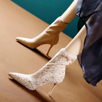 Женские резиновые сапоги, обувь, зимняя обувь, ботинки-Женские ботильоны Crystal Rain на высоком каблуке с заостренным камнем, 2023, женские туфли со стразами, однотонный цвет.