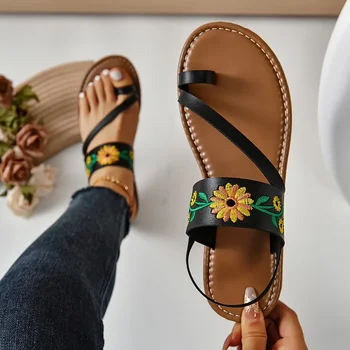 Женские сандалии на плоской подошве с цветочным узором, повседневная летняя обувь с петлевым носком, Легкие сандалии с ремешком на щиколотке
