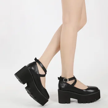 Женские туфли-лодочки в готическом стиле с ремешком на щиколотке, на высоком массивном каблуке, на платформе, в стиле панк-криперс, Женская модная удобная обувь с пряжкой 588