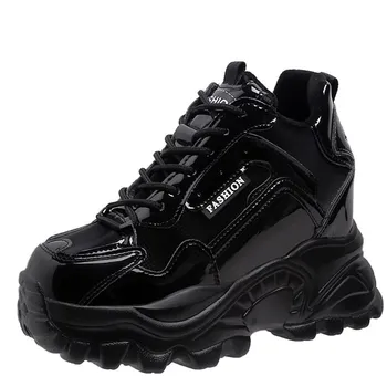 Женские черные теплые дышащие туфли из искусственной кожи на высоком каблуке, женские туфли на платформе, увеличивающие рост, Zapatos Mujer толщиной 9 см.