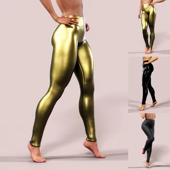 Женские Яркие кожаные брюки-стрейч, леггинсы с V-образной талией, штаны для йоги, брюки