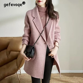 Женский корейский модный Винтажный шерстяной блейзер, Офисная женская повседневная свободная одежда с длинным рукавом, Двубортное толстое шикарное пальто