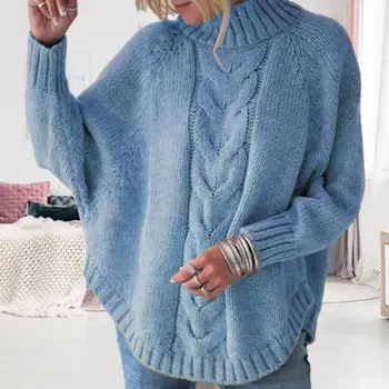 Женский свитер Уютный женский зимний свитер Толстая вязаная водолазка для защиты шеи Пуловер с рукавами-доломанами для защиты от холода Мягкий